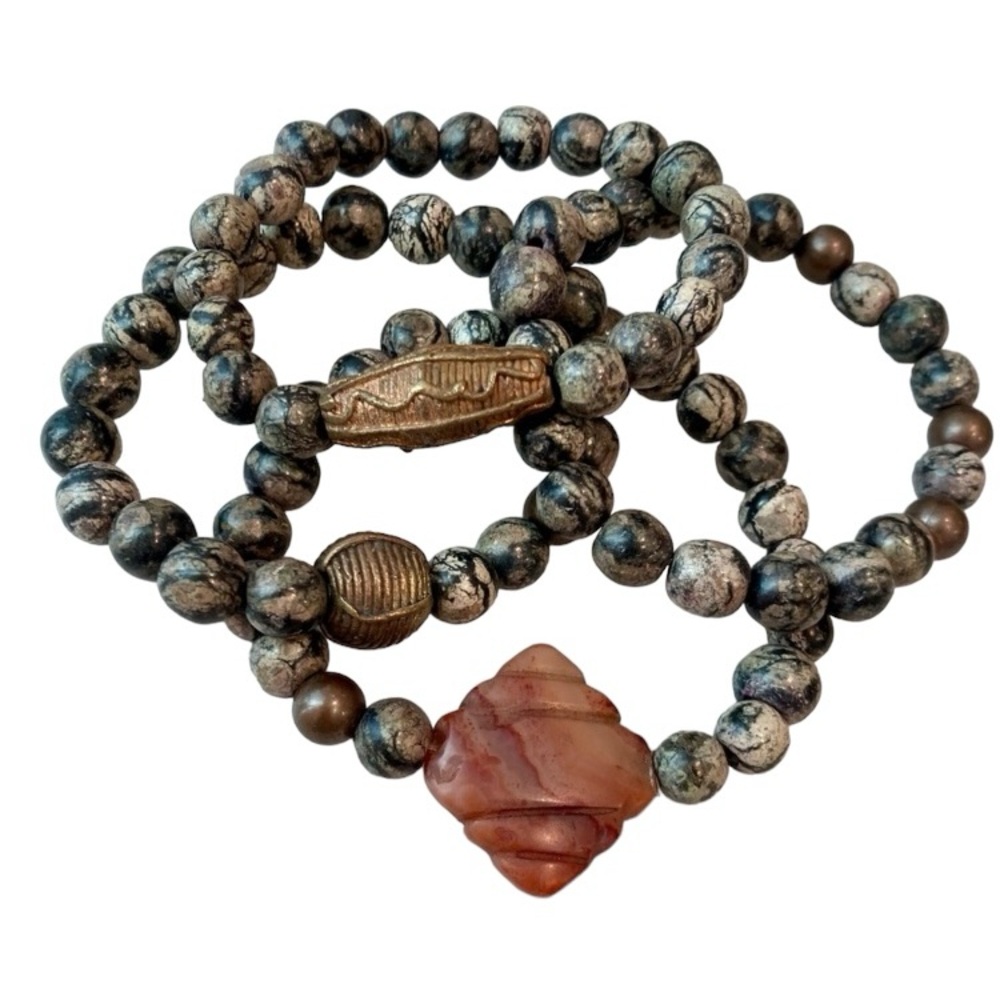 🔸NWT🔸 Grey Picasso Jasper Beaded Bracelet Set with African Brass Accents